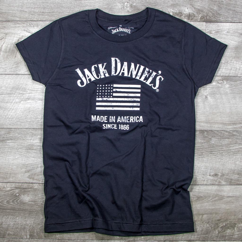 A black ladies Jack Daniel's t-shirt featuring a flag and the Jack Daniel's logo.