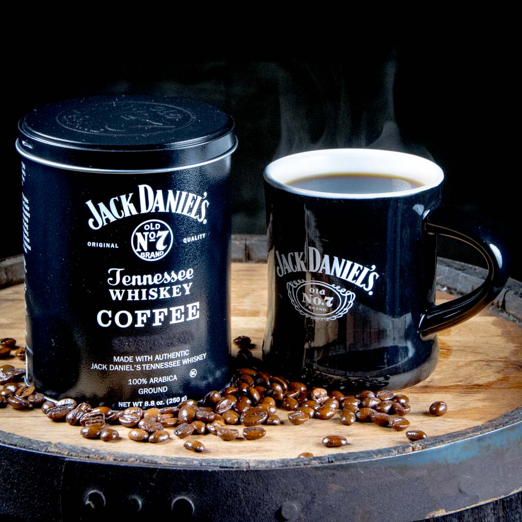 A cup of Jack Daniel's coffee in a hot, steaming coffee mug.