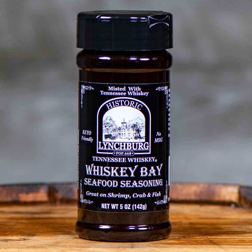 Historic Lynchburg Brand Whiskey Bay Seasoning in a shaker bottle.