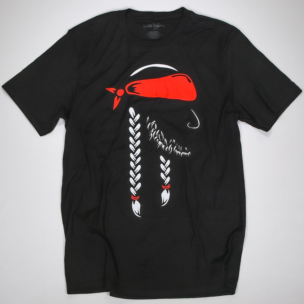 Willie Nelson silhouette t-shirt in black with a great profile image of Willie Nelson.e a bottle of actual Willie Nelson Whiskey River Whiskey.