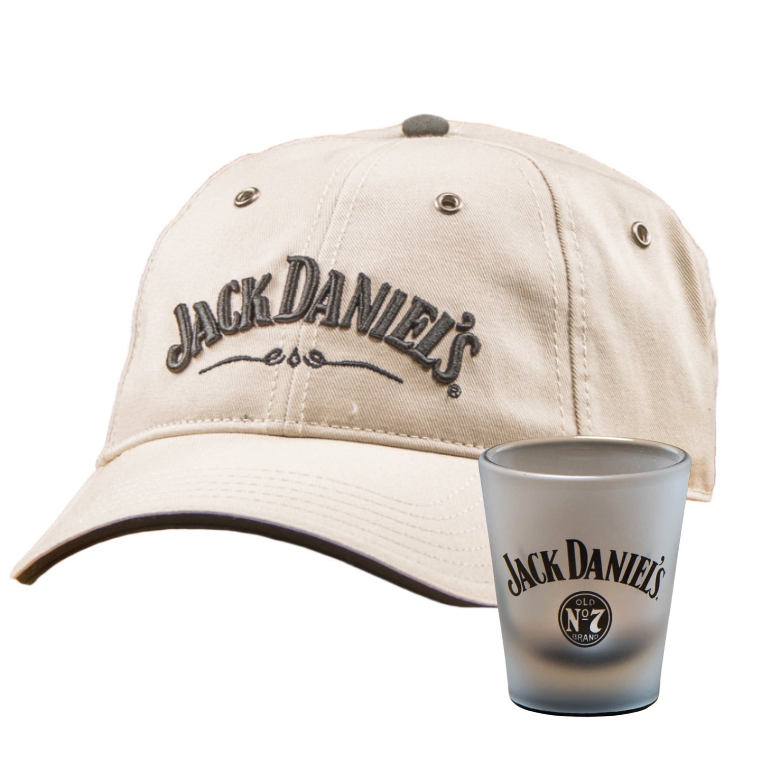 A silver and black Jack Daniel's belt buckle.