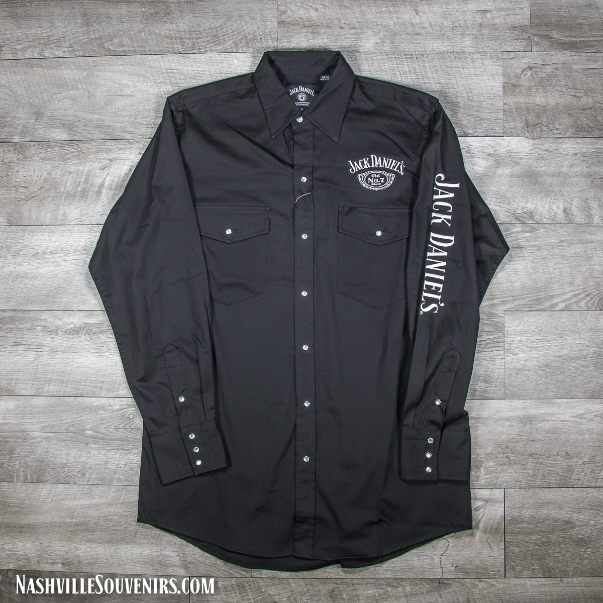 Jack Daniels Officially licensed Black Western Rodeo Shirt with embroidered Jack Daniels logo on a black shirt with snap closures.  Get yours with FREE SHIPPING on all US orders over $75!