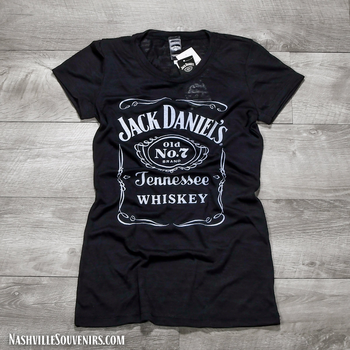 Officially licensed women's Jack Daniels Old No.7 Label Burnout T-Shirt in black. Get yours today with FREE SHIPPING on all US orders over $75!