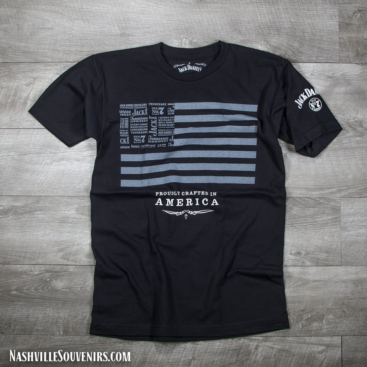 Officially licensed Jack Daniels Crafted in America Flag T-Shirt in black. Get yours today with FREE SHIPPING on all US orders over $75!