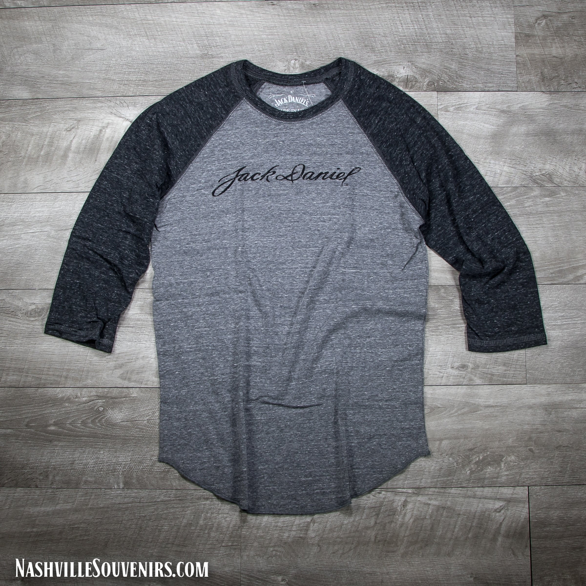 Officially licensed ladies Jack Daniels 3/4 Sleeve T-Shirt with lighter gray body and charcoal gray 3/4 length sleeves. Get yours today with FREE SHIPPING on all US orders over $75!
