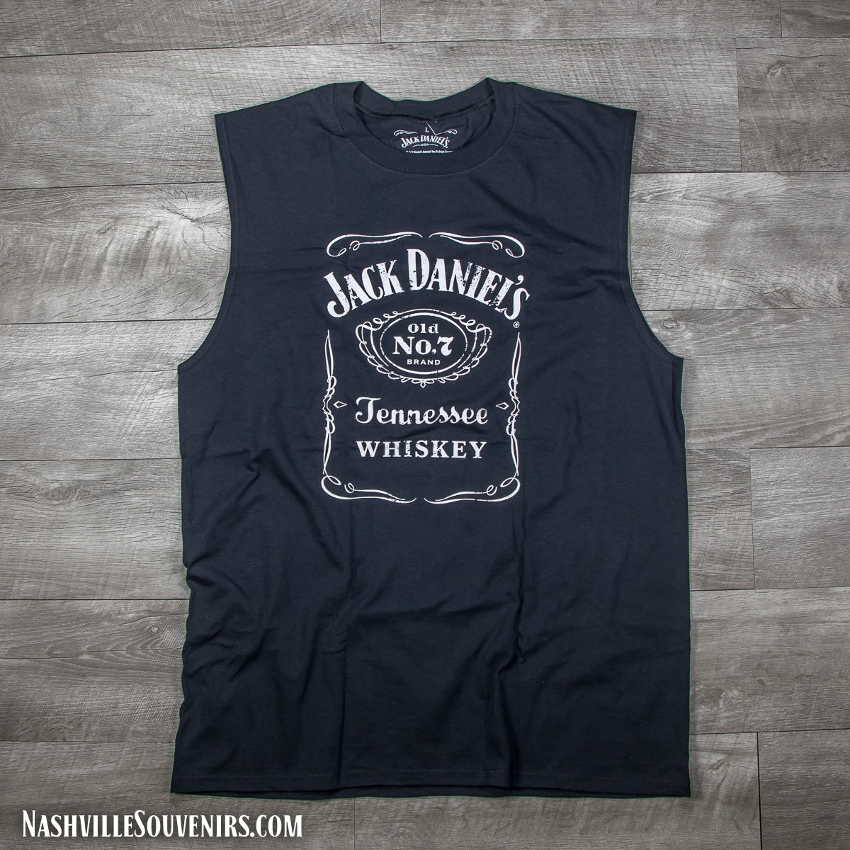 Officially licensed Jack Daniels Bottle Label Sleeveless T-Shirt in black with white bottle label logo. Get yours today with FREE SHIPPING on all US orders over $75!
