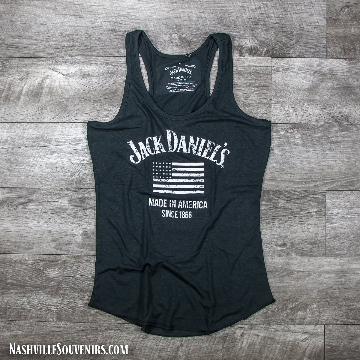 Officially licensed ladies Jack Daniels Made in America Flag Tank Top featuring a white American flag on a black tank top. Get yours today with FREE SHIPPING on all US orders over $75!