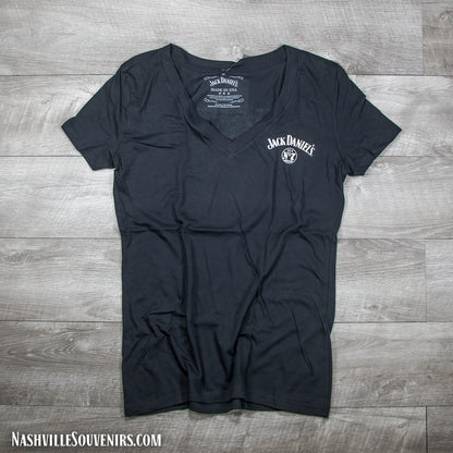 Officially licensed ladies Jack Daniels Jack Lives Here V-neck T-Shirt in black. Get yours today with FREE SHIPPING on all US orders over $75!
