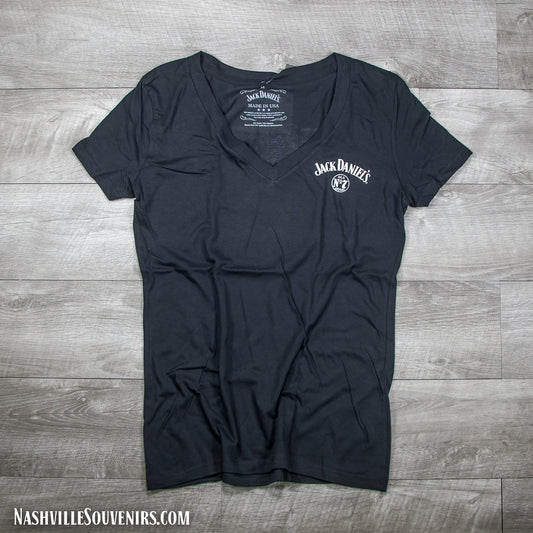 Officially licensed ladies Jack Daniels Jack Lives Here V-neck T-Shirt in black. Get yours today with FREE SHIPPING on all US orders over $75!