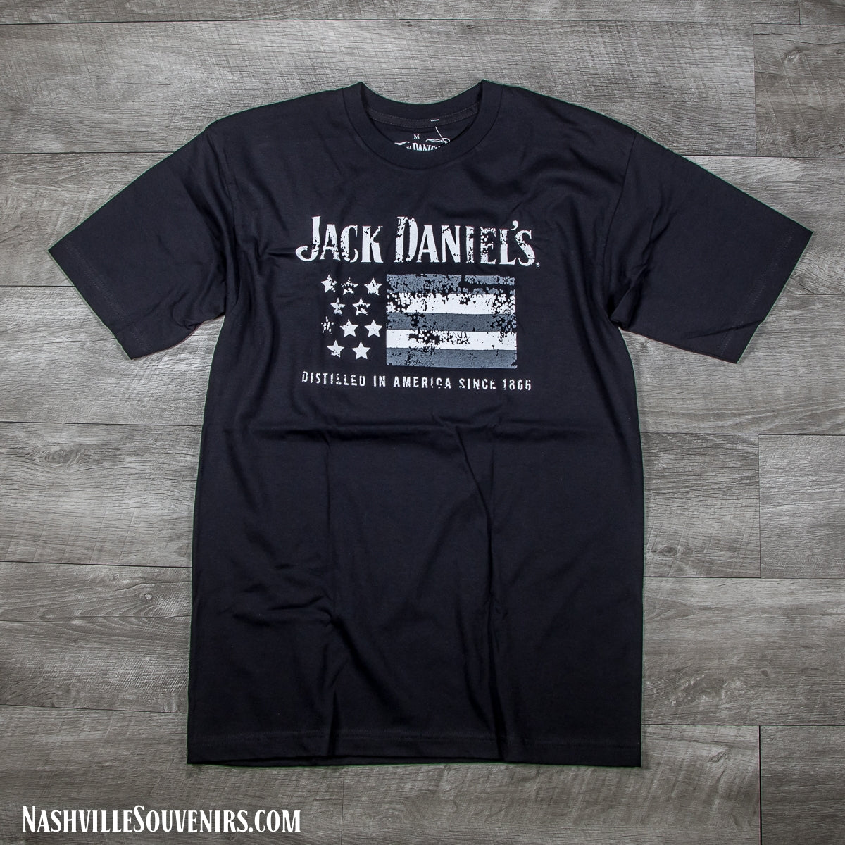 Officially licensed Jack Daniels Weathered Flag T-Shirt that reads, Distilled in America since 1866. Get yours today with FREE SHIPPING on all US orders over $75!