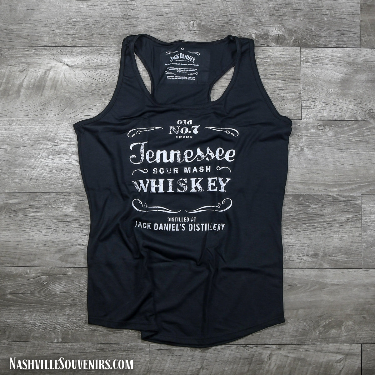 Ladies Officially licensed Jack Daniels Tennessee Sour Mash Whiskey Tank Top in black with white Sour Mash logo.  Get yours with FREE SHIPPING on all US orders over $75!