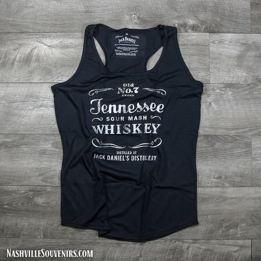 Ladies Officially licensed Jack Daniels Tennessee Sour Mash Whiskey Tank Top in black with white Sour Mash logo.  Get yours with FREE SHIPPING on all US orders over $75!