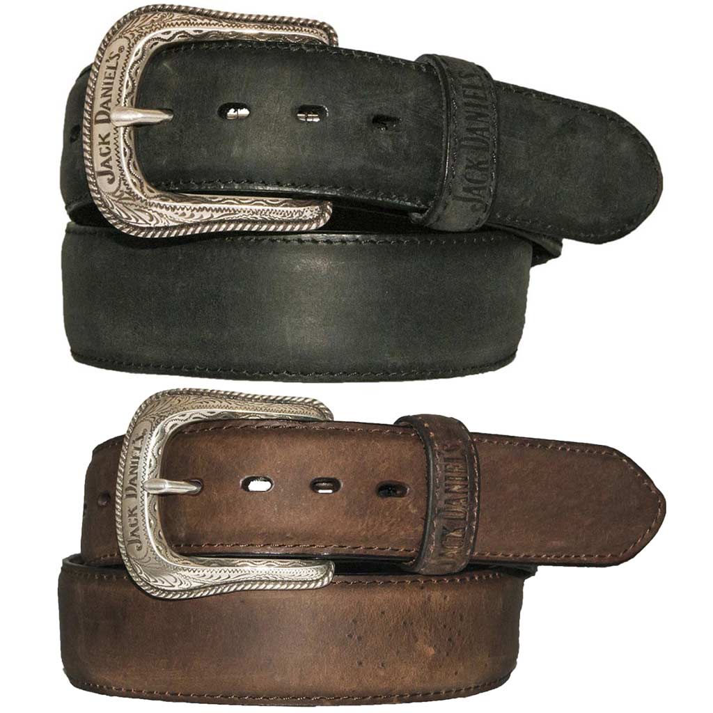 Jack Daniel's oil tanned leather belts that come in black and brown leather with a silver plated Jack Daniel's buckle.