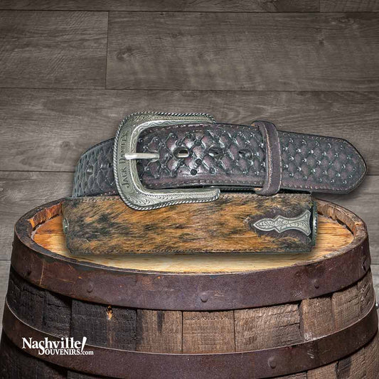 Jack Daniel's Brindle Hair-on Cowhide belt featuring basket weave billets along with Old No.7 Brand medallions.