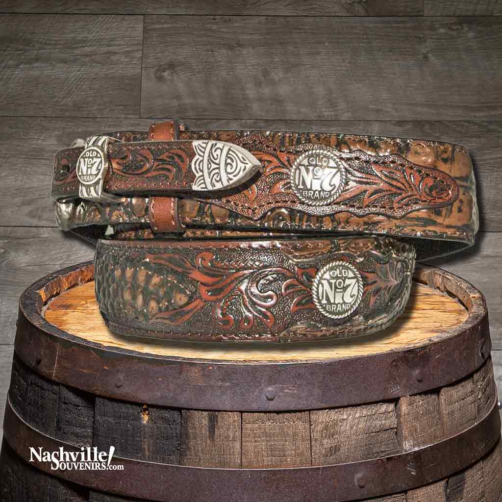 Brown versions of the Jack Daniel's Alligator Embossed Ranger Belt with three piece silver plated Jack Daniel's buckle set.