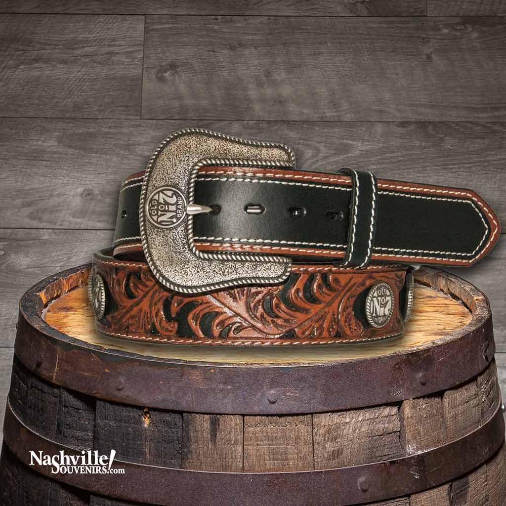 Jack Daniel's Black and Brown Layered Belt with hand tooled features along with Jack Daniel's buckle and conchos.