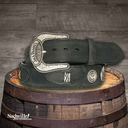 Jack Daniel's Rawhide Knot Western Belt with billets, Jack Daniel's conchos and a silver plated Jack Daniel's buckle in black full grain leather.