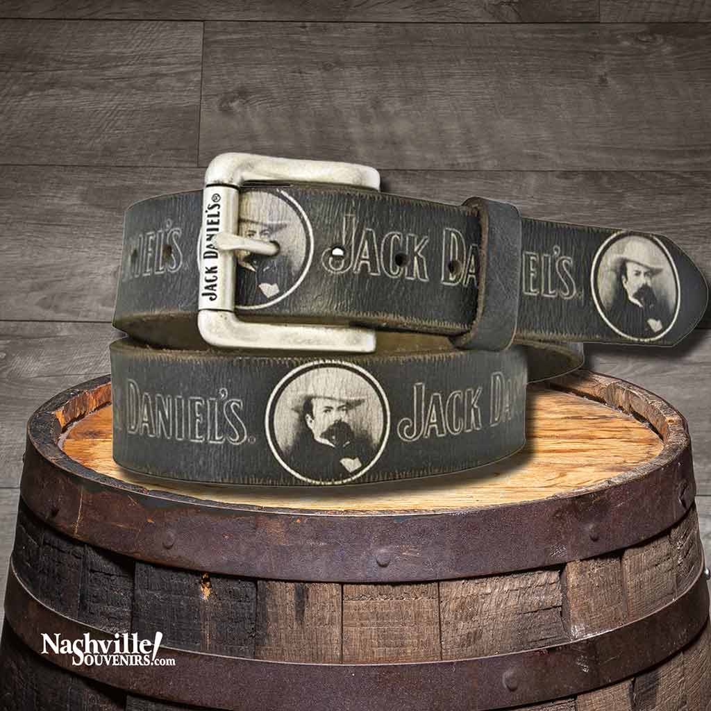 Jack Daniel's vintage cameo belt in black leather featuring multiple screened images of Jack Daniel's around the belt with a silver plated Jack Daniel's roller buckle.