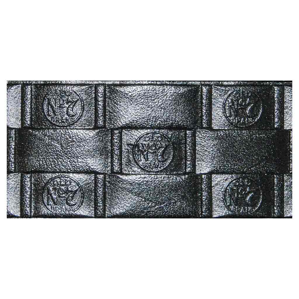 Detailed close-up view of the Jack Daniel's Old No.7 Brand basket weave leather belt in 1 1/2" black full grain leather. Features embossed Old No.7 Brand logos around entire belt.