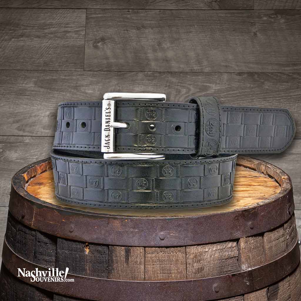 Jack Daniel's Old No.7 Brand basket weave leather belt in 1 1/2" black full grain leather. Features embossed Old No.7 Brand logos around entire belt.