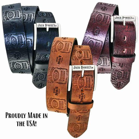 Jack Daniel's Bottle Label Belts that are available in black, brown and tan leather colors with a silver plated Jack Daniel's roller buckle.