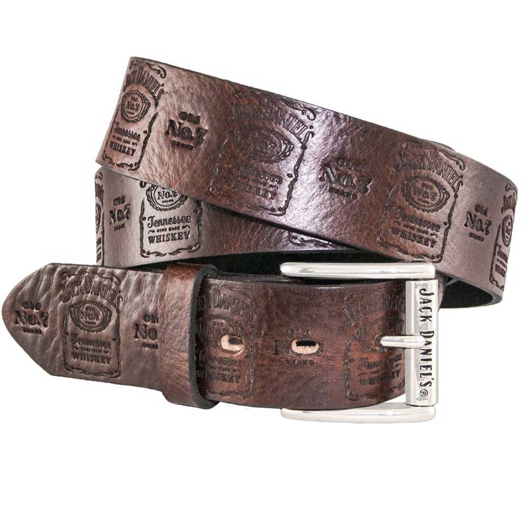 Jack Daniel's Bottle Label Belt in a brown leather color with a silver plated Jack Daniel's roller buckle.