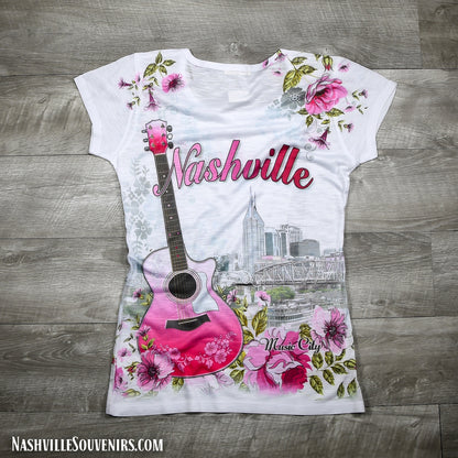 Womens Nashville Shirt with Floral Guitar and Skyline