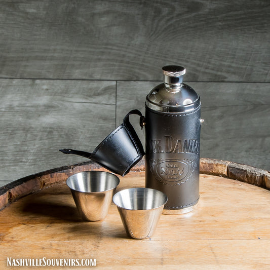 Don't Travel Dry! Officially licensed Jack Daniels Black leather Travel Flask.  FREE SHIPPING on all US orders over $75!