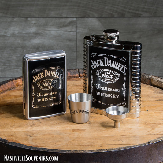 Officially licensed Jack Daniels Gift Set with Flask/Case/Shot and Funnel.  FREE SHIPPING on all US orders over $75!
