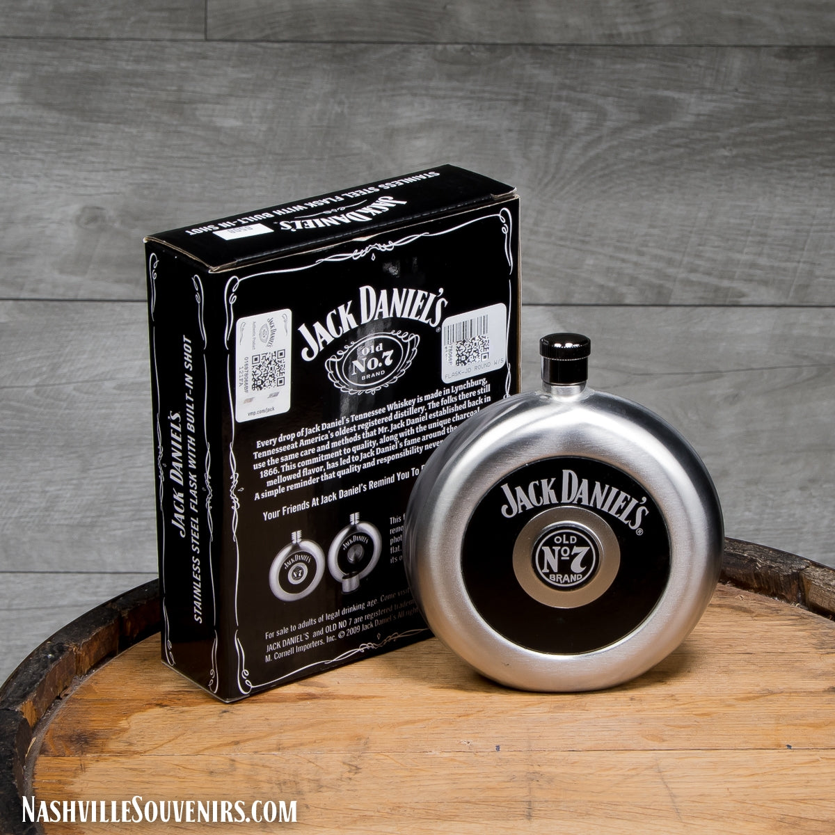Stainless and Black Jack Daniels Round Flask with Shot