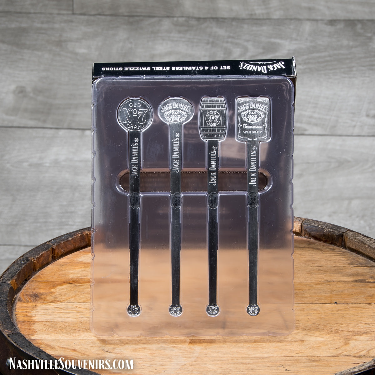 Set of 4 Officially licensed Jack Daniels Stainless Steel Swizzle Sticks. FREE SHIPPING on all US orders over $75!