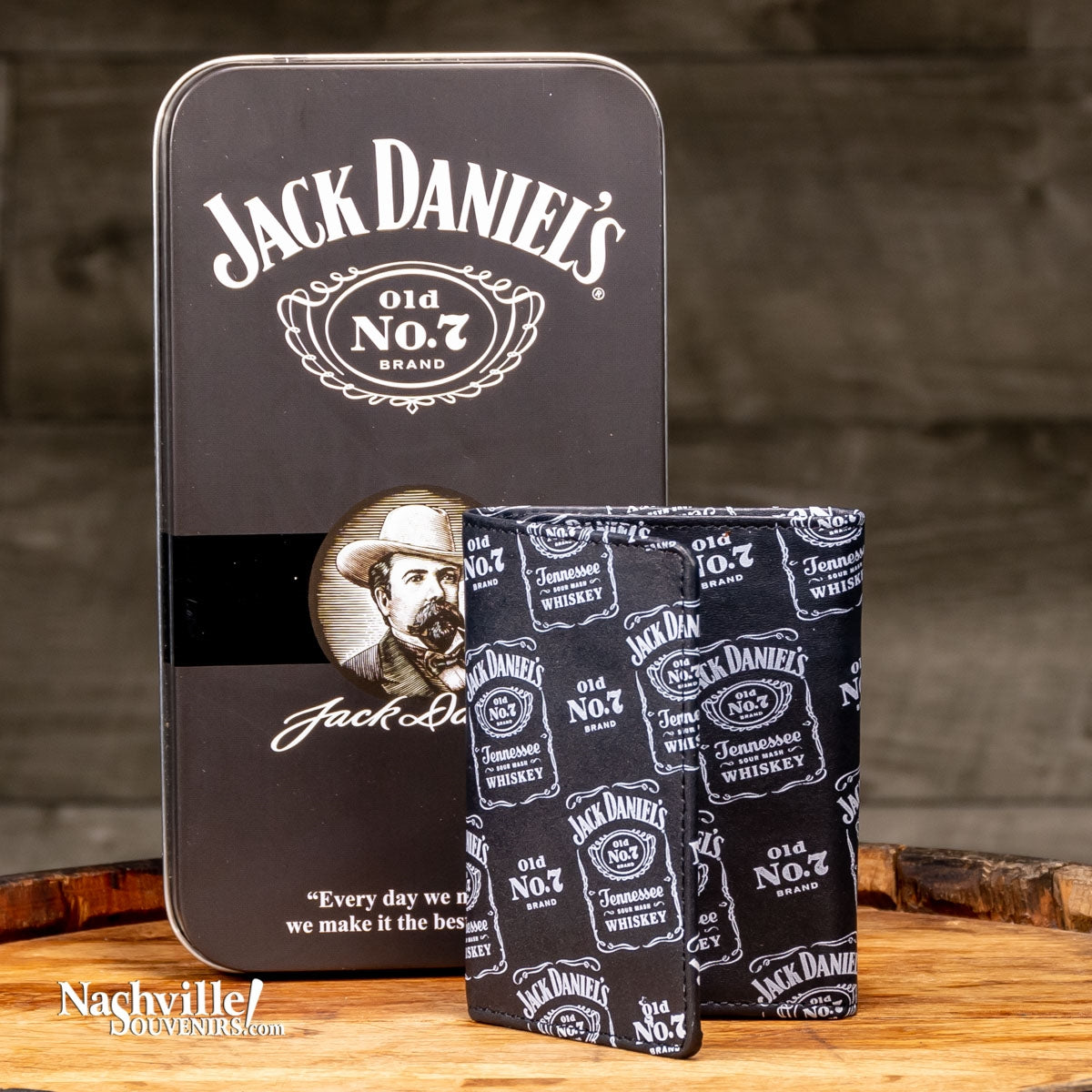 Jack Daniel's Signature Label Trifold Wallet. This great wallet features multiple JD bottle label logos printed in white against a black leather background. Get one today with FREE SHIPPING on all US orders over $75!