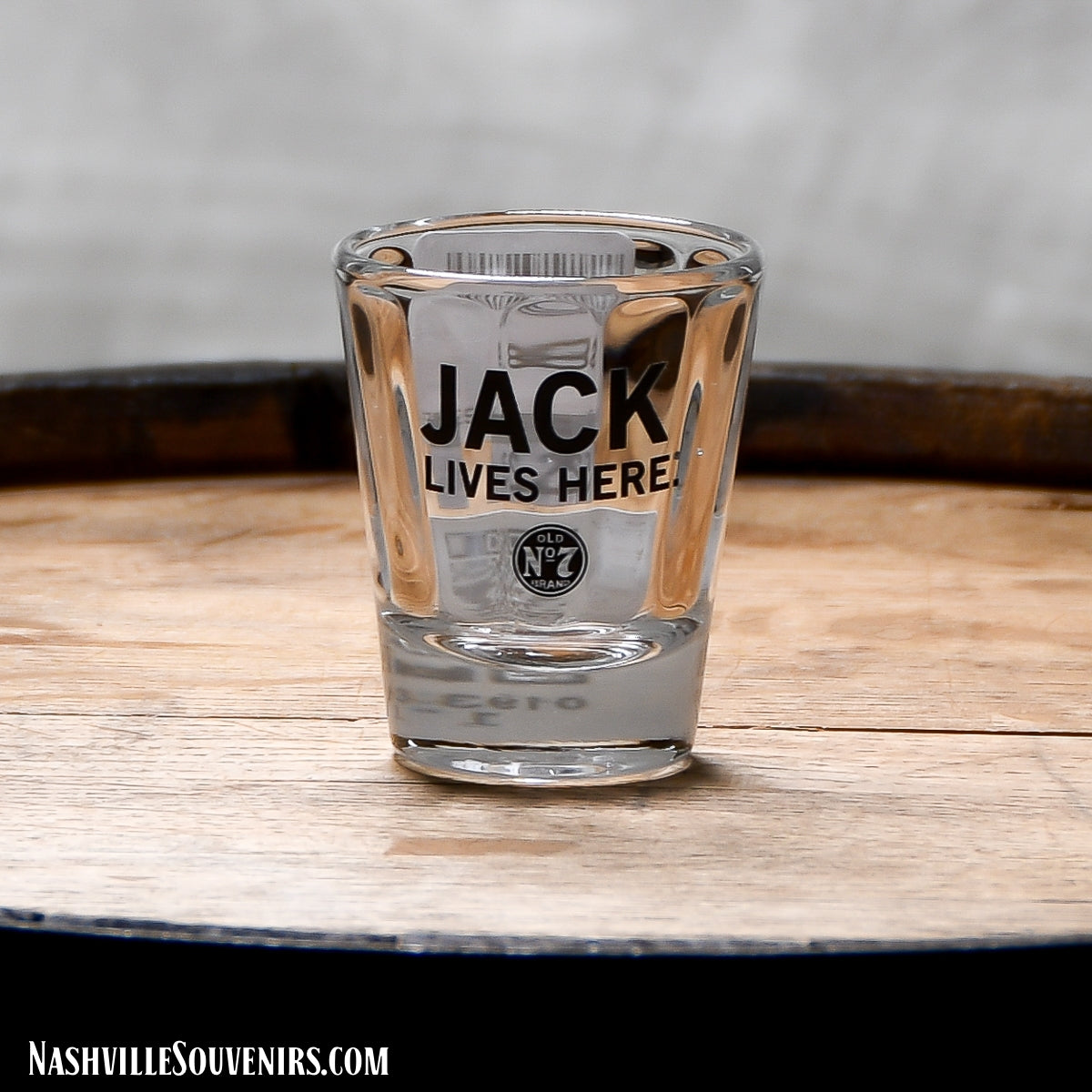 Officially licensed Jack Daniels Jack Lives Here Shot Glass. FREE SHIPPING on all US orders over $75!