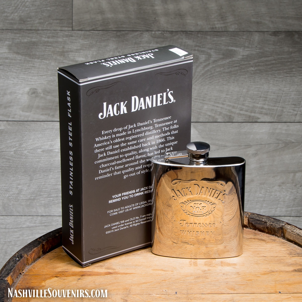 Officially licensed Jack Daniels Label Logo Stainless Flask.  FREE SHIPPING on all US orders over $75!
