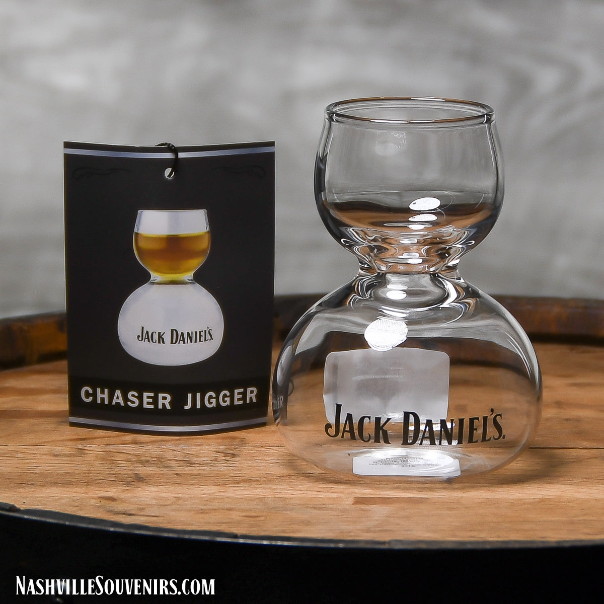 2 oz Officially licensed Jack Daniels Whiskey on Water Shot Glass. This is the infamous glass that cost Mr. Jack a bet with a traveling salesman in Lynchburg.