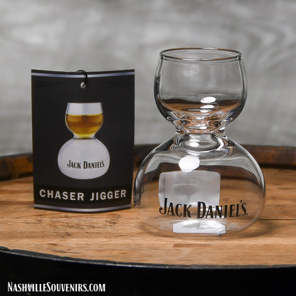 2 oz Officially licensed Jack Daniels Whiskey on Water Shot Glass. This is the infamous glass that cost Mr. Jack a bet with a traveling salesman in Lynchburg.