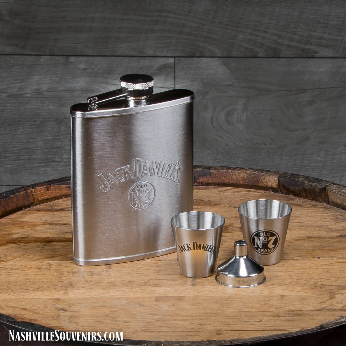 Be prepared! Get an officially licensed Jack Daniels Gift Set with Embossed Flask/Shots/Funnel.  FREE SHIPPING on all US orders over $75! Includes flask, to shot glasses and funnel.