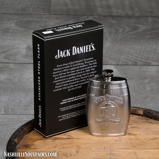 Officially licensed Jack Daniels Embossed Cameo Barrel Flask.  FREE SHIPPING on all US orders over $75!