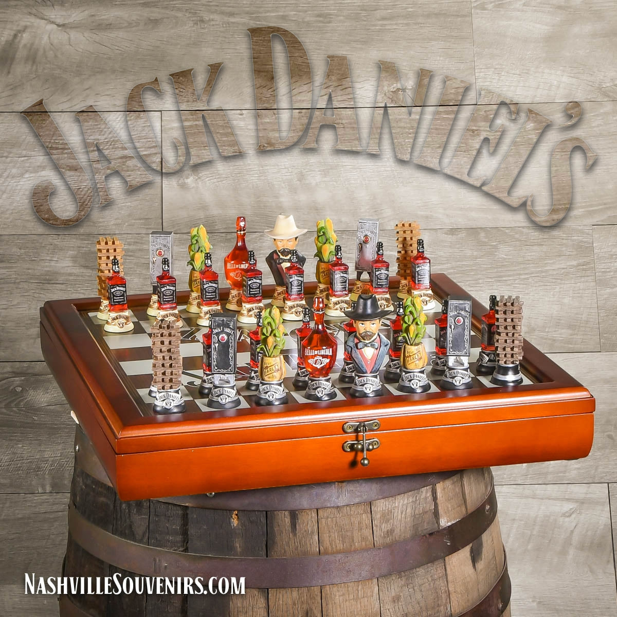 The ultimate Gift for Jack Daniel's Lovers! Beautiful Jack Daniel's Chess Set. Buy now with FREE SHIPPING! Each playing piece represents a piece of Jack Daniel's History.