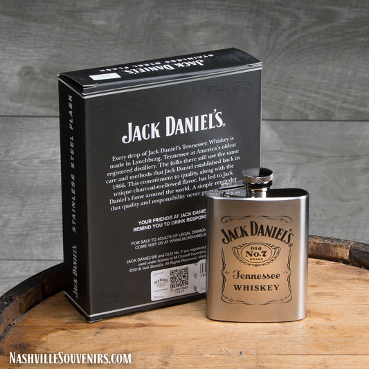 Officially licensed Jack Daniels Screened Label Flask.  FREE SHIPPING on all US orders over $75!