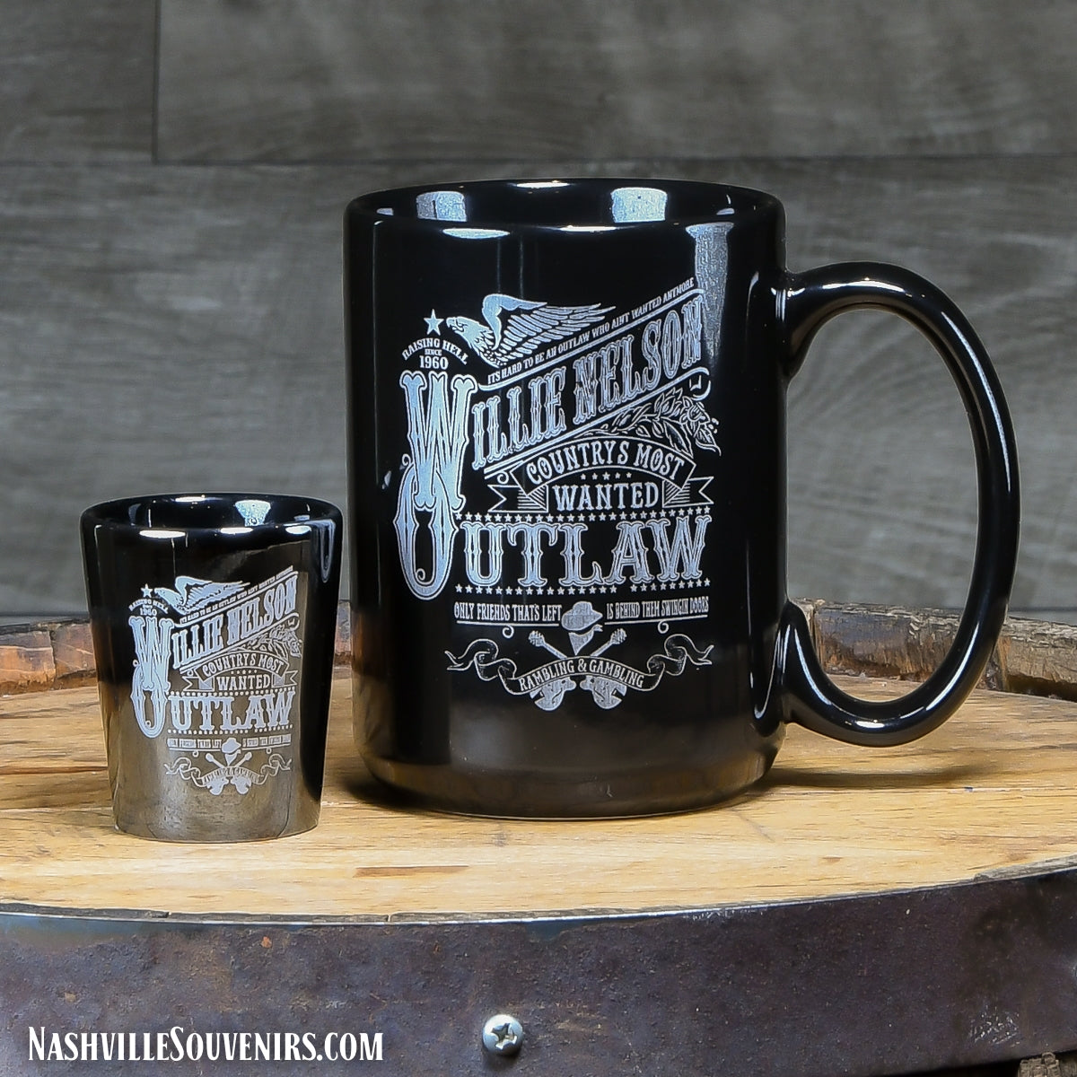 Willie Nelson Mug and Shotglass "Countrys Most Wanted Outlaw"