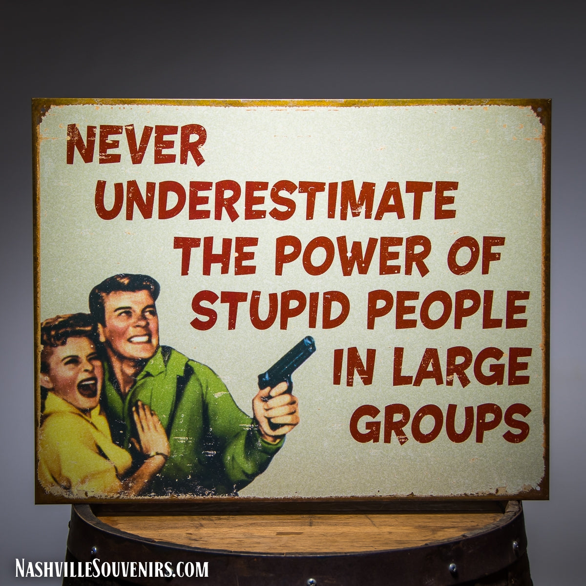 Never Underestimate the Power of Stupid People in Large Groups Tin Sign