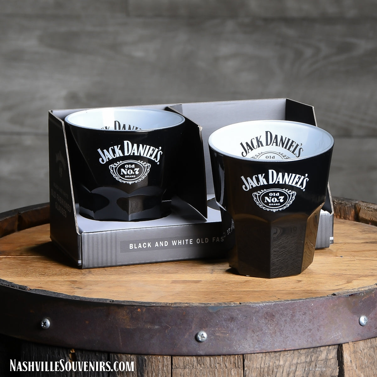 Set of 2 officially licensed Jack Daniels Black and White Double Old Fashioned Glasses. FREE SHIPPING on all US orders over $75!