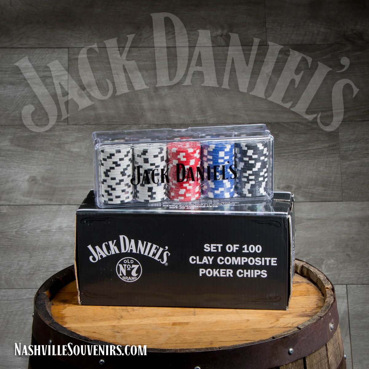 Officially licensed Jack Daniels Clay Poker Chips (100) with Acrylic Case.  FREE SHIPPING on all US orders over $75!