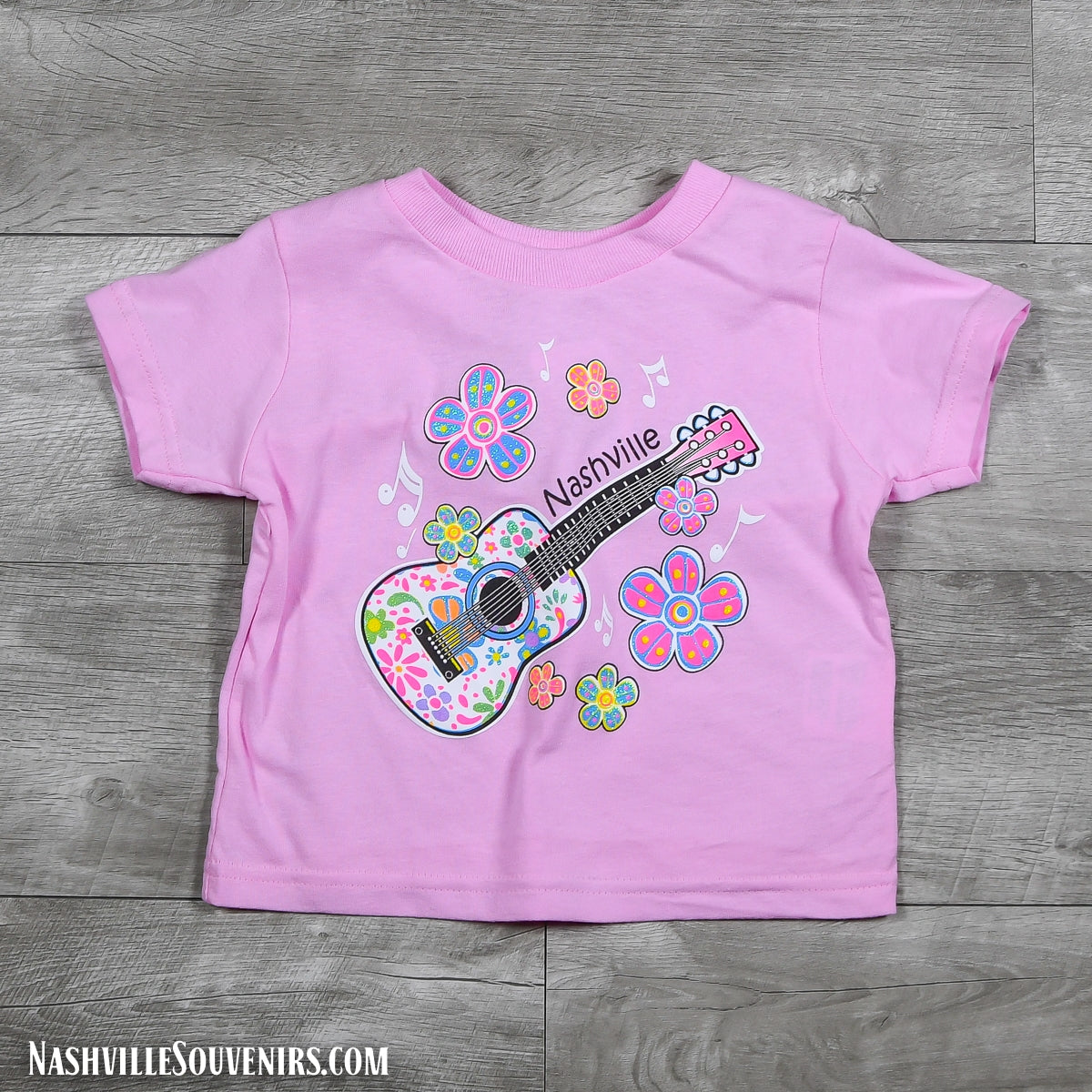 Pink Nashville Flowered Guitar Toddlers T-Shirt