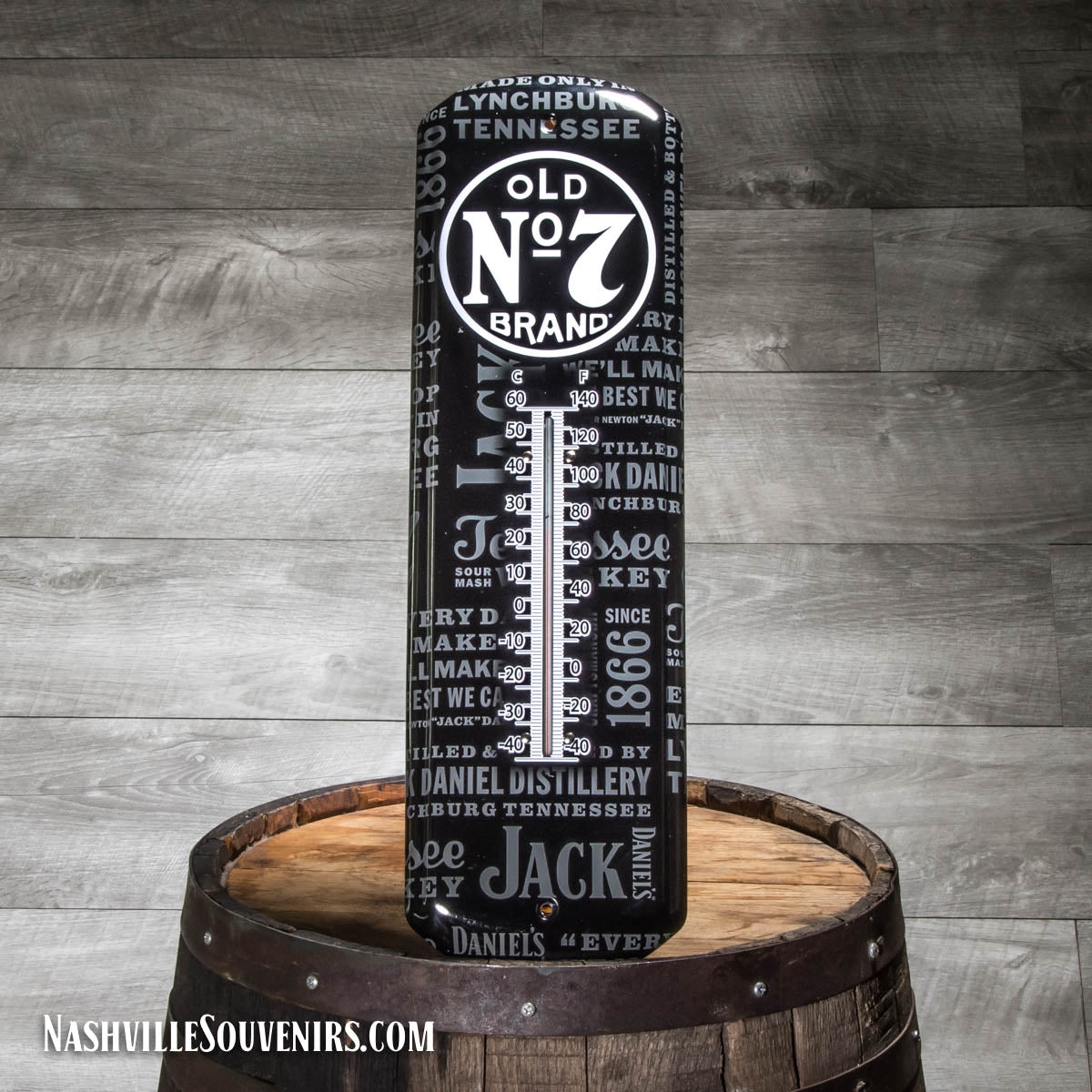 Dress up the home bar with this Jack Daniel's Old No.7 thermometer. This Old No.7 brand thermometer makes a great gift if you're looking for man cave wall ideas.