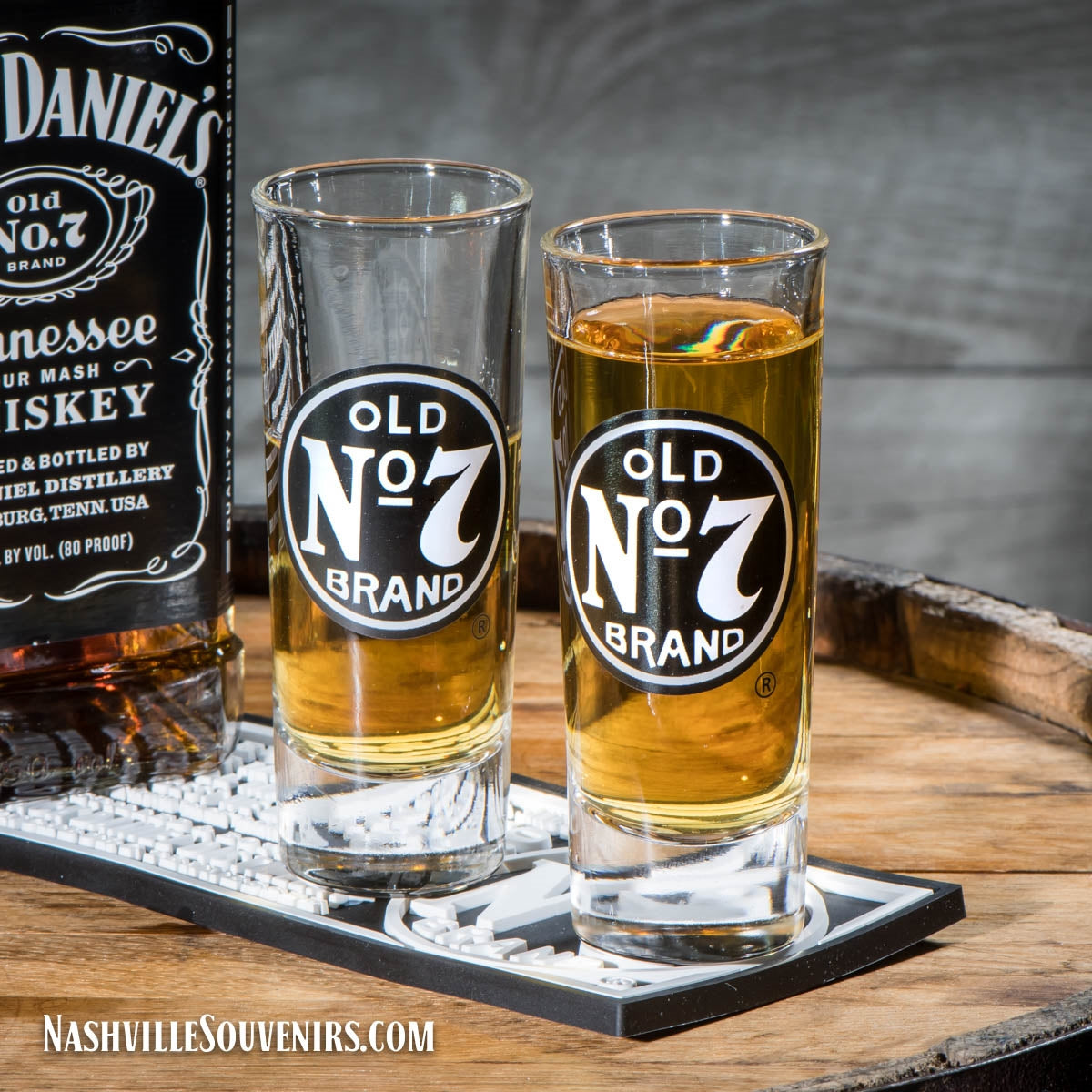 This officially licensed Jack Daniel's Old No.7 shooter set will add a nice touch to your home bar. This JD shooter set is one you'll want to add to your Jack Daniel's barware collection. The shooter glasses are the perfect resting place for 2 ounces of Tennessee Whiskey.
