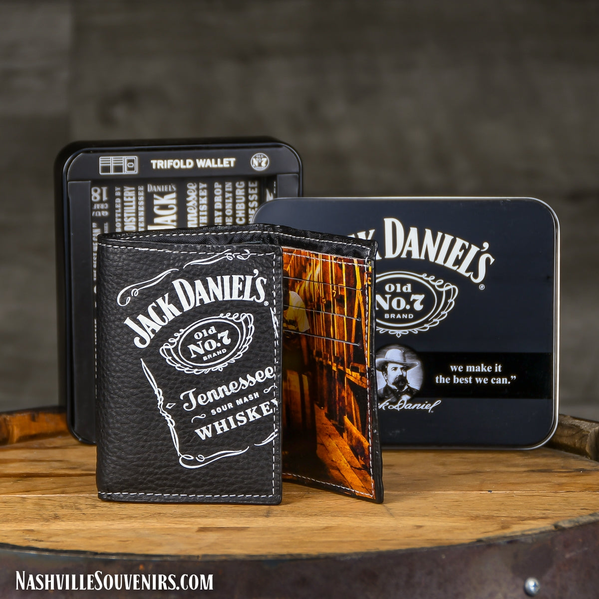 Hide your Cash in this great TriFold Jack Daniel's Tennessee Whiskey Wallet. Get one today with FREE SHIPPING on all US orders over $75! Features full color Barrel House image inside!