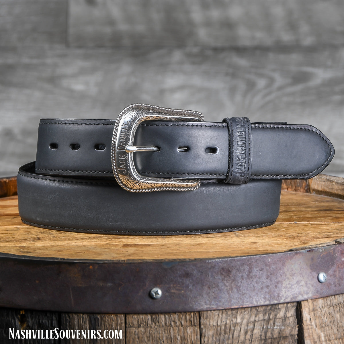 Officially licensed Jack Daniels Belt in Black Leather with Ornate Silver Buckle with silver rivets. Get yours today with FREE SHIPPING on all US orders over $75!