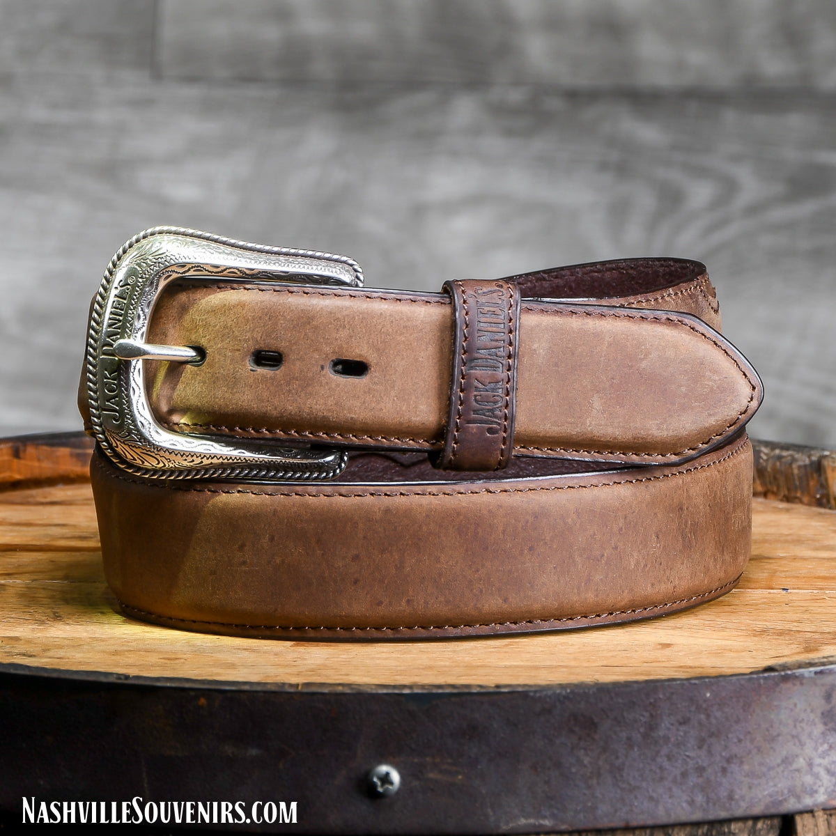 Officially licensed Jack Daniels Belt with Ornate Silver Buckle in Natural Brown Leather. Get yours today with FREE SHIPPING on all US orders over $75!
